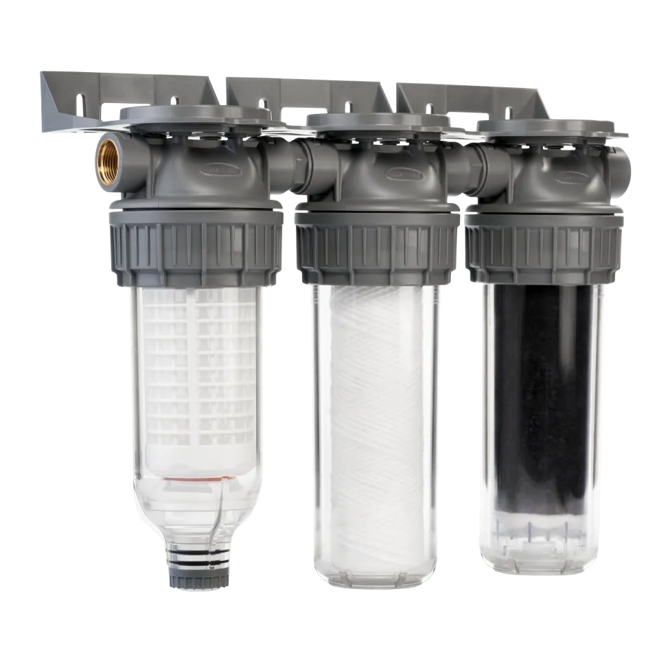 Grey Triplex 10" Rainwater Filter with Flush Valve - Freeflush Water Management Ltd. 