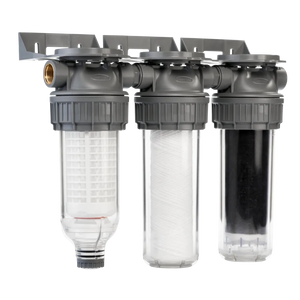 Grey Triplex 10" Rainwater Filter with Flush Valve - Freeflush Water Management Ltd. 