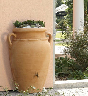 Antique wall (flat back) amphora terracotta water butt - 260  litre capacity - Freeflush Rainwater Harvesting Ltd. 
