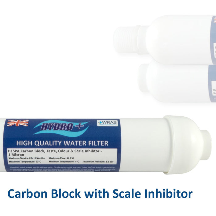Hydro+ carbon block inline water filters with scale inhibitor